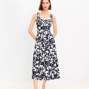 Loft Ponte Seamed Floral Sleeveless Dress - Navy and White